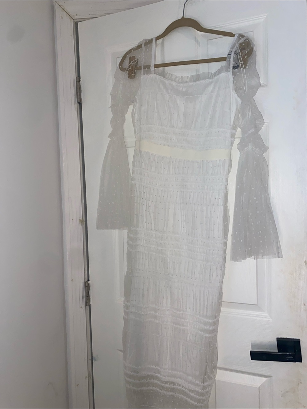 VENUS White Off-Shoulder Swiss Dot Maxi with Sheer Bell Sleeves